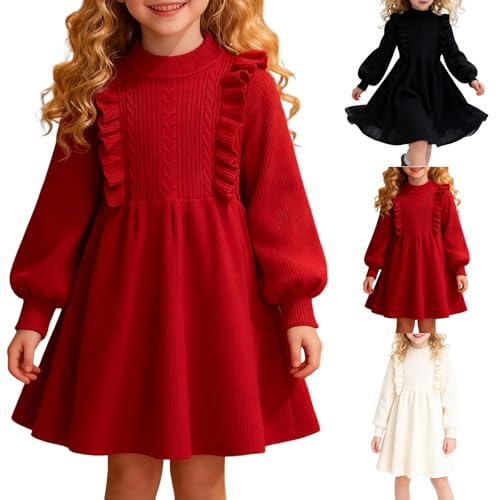 Vestido suéter de princesa con volantes y manga larga para niñas, cálido para invierno, vestidos elegantes de moda infantil para invitadas de boda, Navidad, cumpleaños, noche, Año Nuevo, rosso, 13-14
