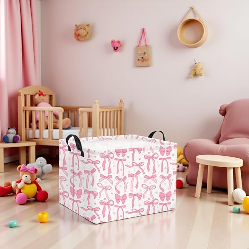 Image of Rectangular Kids Storage Basket for Home Kitchen Girls Cute Storage Bin Organizer Shelf Book Room Decor(Pink Bowknot)