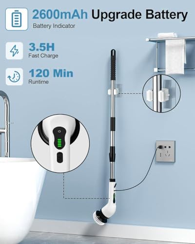 Image of Etekcity Cleaning Electric Spin Scrubber,Upgrade LED Display Cordless Shower Scrubber with 8 Replaceable Brush Heads Adjustable 2 Speeds Extension Handle Power Cleaning Brush for Bathroom, Floor (wh3)