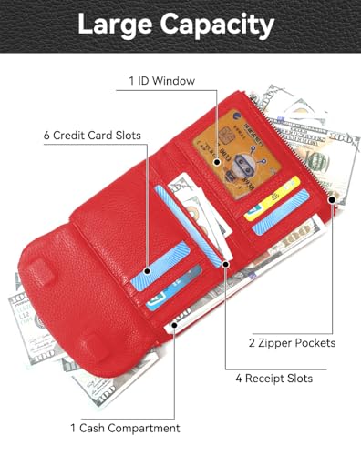 Wallet for Women [Genuine Leather] [Magnetic Closure], Large Capacity Female Ladies Bifold Wallet Card Holder, ID Window, Zipper Coin Pockets (Red)3