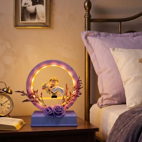 Image of Romantic Couple LED Night Lamp with Miniature Bride & Groom Figurine | Decorative Ring Light Table Lamp with Floral Base Gift for Couples, Wedding Gift, Valentine's Day Gift