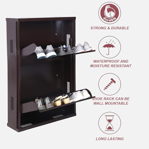 Image of Metal Shoe Rack Wall Mounted for Home with Central Locking | 2 Door 20 inch Wall Mounted Metal 4 Pair Rack Cabinet | Pre-Assembled Shoe Rack Shelves | 3 Years Warranty (Brown)