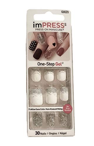 Kiss ImPress Press-On Manicure White Nails 60659 One Shine Day (Silver Glitter Accent Nails)