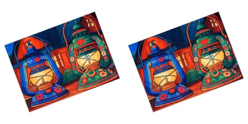 Image of Dining Table Mats Set of 2 - Lamp Diwali Theme,Digital Print, Washable, Indoor /Outdoor, Heat-Proof, Water Resistant, Wipe & Clean (47X33 cm) Green & Blue
