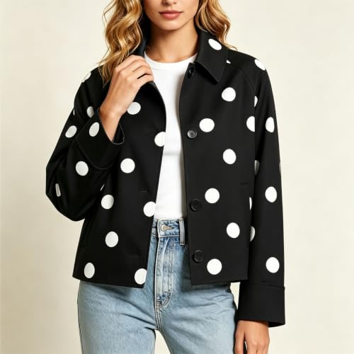 Cropped Jacket Women Polka Dot Collared Button Front Casual Fall Outerwear - image 2