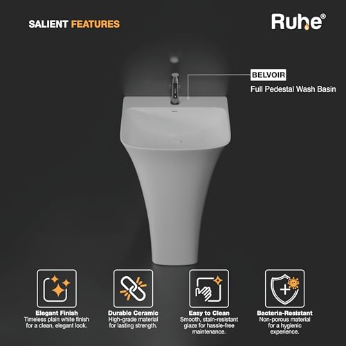 Image of Ruhe Belvoir Pedestal Wash Basin - White | 16x15x32 Inches | Ceramic, Glossy Sink | Floor-Mount | Modern Bathroom Look & Durable Quality