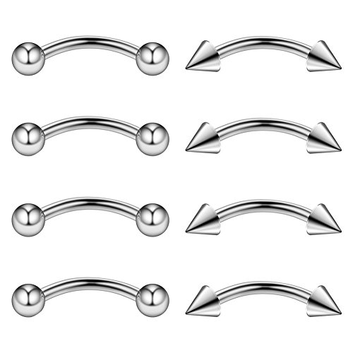 Ruifan 4PRS Eyebrow Piercing Jewelry Curved Barbell with Ball Spike Kit Eyebrow Tragus Lip Ring 16g 16 gauge 8mm