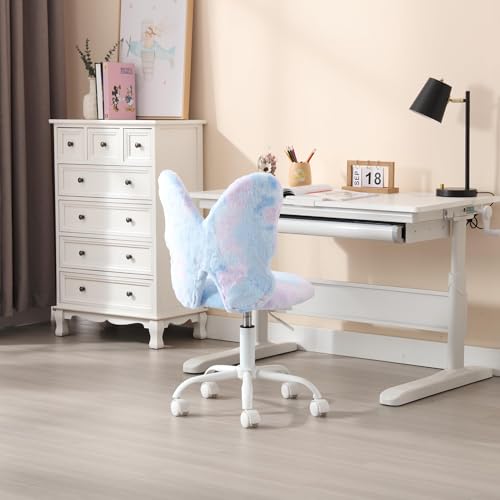 Image of Kmax Adjustable Kids Butterfly Chair - Plush Faux Fur Swivel Office Desk Chair with Wheels, Ergonomic Children's Study Seat for Bedroom, Reading Room, Playroom - Dreamy Blue Design