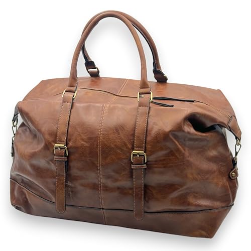 Reisetasche für Herren Vintage Veganes Leder Weekender große Sporttasche XL mit Reißverschluss (Braun)