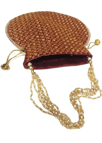 Image of Potli Bag Golden work wedding potli for ladies Gift for women handbags traditional Indian Wristlet with Drawstring Ethnic Embroidery Fashion Potli.