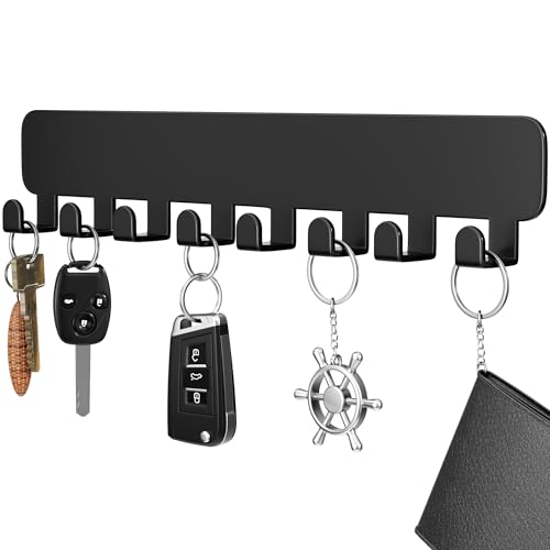 pickpiff Key Holder for Wall Self Adhesive, Key Hooks with 8 Hooks Wall Mounted, Black Key Hangers No Drill for Living Room, Kitchen, Office