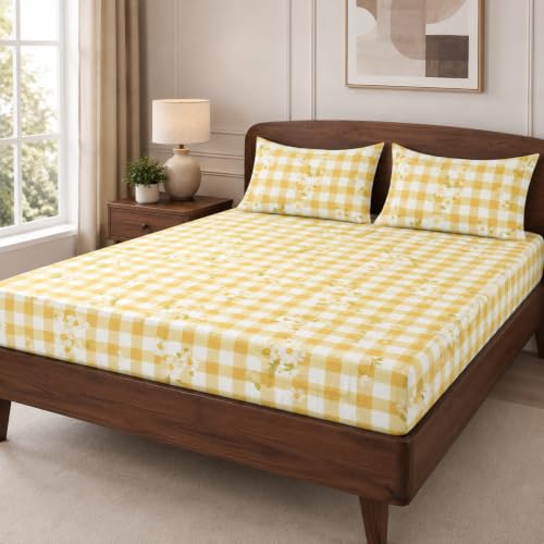 Image of la'amour 100% Cotton Elastic Fitted Bedsheets with 2 King Size Pillow Covers Double Bed with All Around Elastic Supersoft Size - 72 King Sizex78+10 inches Yellow Gingham 200 tc - 220 tc