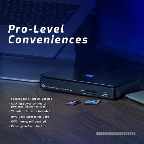 Image of OWC 10-port Thunderbolt Pro Dock, 85W charging, Dual Thunderbolt 40 Gb /s (USB-C), USB-C and (3) USB Type A 10Gb /s, DisplayPort, 10GbE, CFexpress, SD, Single 8K or Dual 6K 60Hz Displays, For Mac and PC | Dual Thunderbolt Ports, USB 3.2 Type-C, Three USB 3.2 Type-a Ports, Displayport 1.4, 10 Gigabit Ethernet, 85W Power Delivery