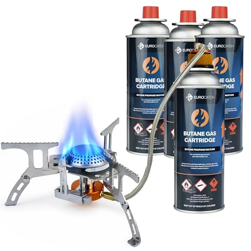 Eurocatch Hornillo de Gas Plegable 2200W con Adaptador - Incl. 4 cartuchos de gas - Cocina Camping Portatil