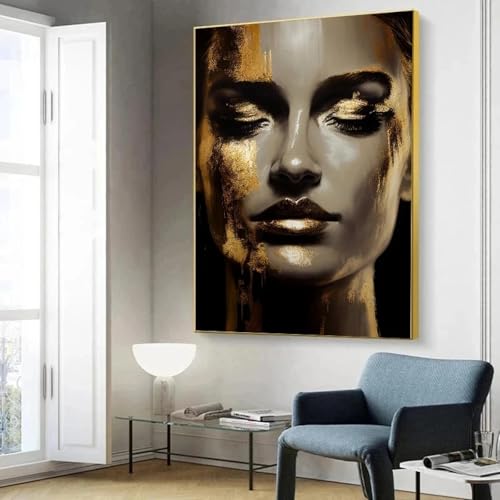 Toile visage femme portrait doré pour habiller un mur vide de salon moderne