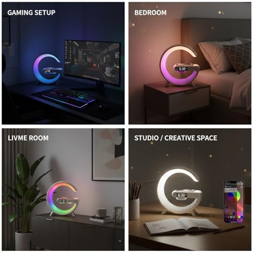 Image of Drumstone 𝟓+𝟓 Year 𝐆𝐔𝐀𝐑𝐀𝐍𝐓𝐄 Wireless Charging Bluetooth Speaker Alarm Clock with LED Ambient Light | Qi Enabled 10W Charging Pad, Dual Alarm & Snooze, Bedside Speaker for Bedroom & Office