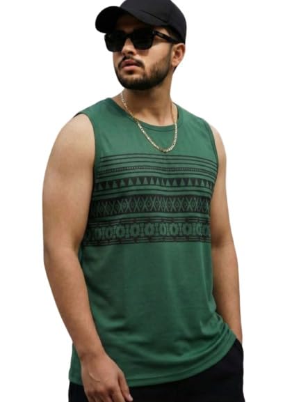 Image of Rigo Men Cotton Printed Vest | Round Neck, Regular Fit Bottle Green