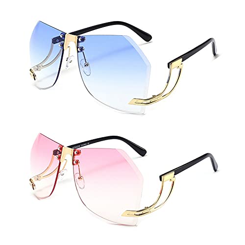 2 pcs -Irregular Rimless Sunglasses Women Metal Frame Oversize Gradient Sun Glasses Fashion Female Clear Shades