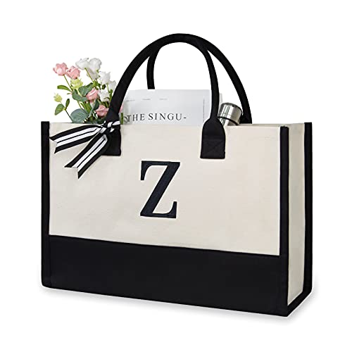 Image of Personalized Initial Canvas Beach Bag, Monogrammed Gift Tote Bag for Women