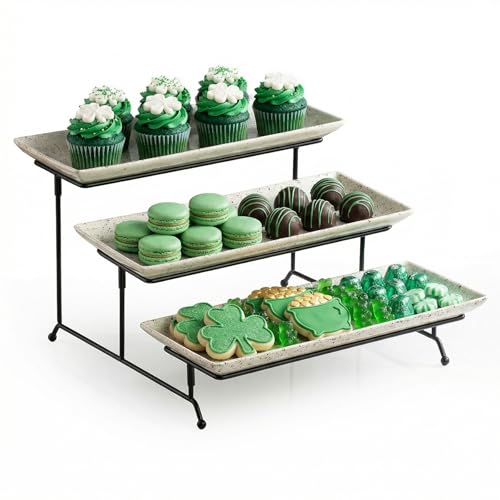 LAUCHUH 3 Tier Serving Trays for Party, 14 inch Porcelain Tiered Tray Stand Serving Platter with Collapsible Sturdier Rack Serving Dishes for Entertaining, Speckled Glaze 14 inch Speckled Gl