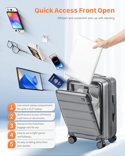 Expandable 20Inch Carry On Luggage Airline Approved - Front Pocket Hardside Travel Suitcase Unbreakable -with Cup Holder,USB Charge,Side Pothook, 360°Spinner Wheels, TSA Lock, Grey 5