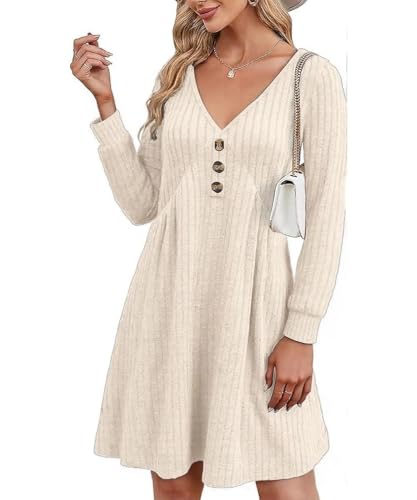 GRMLRPT DamenKleid Langarm V-Ausschnitt Pulloverkleid Elegant Knielang Herbstkleid Casual Kleid Herbst Winter A Linien Bequem Midikleid(Beige,L)