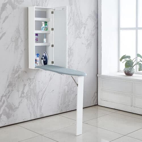 WENNEWU Wall Mounted Fold Out Ironing Board Cabinet, Smart Hideaway Cabinet, Ironing Hidden Wardrobe, with Shelves And Hooks, for Home, Apartment,White