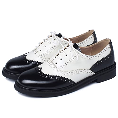 Shemee Women's Vintage Wingtip Lace Up Two Tone Oxfords Pumps Flat Low Heels Round Toe Retro Brogue Dress Shoes(Black-White, Us 7) #TOP1