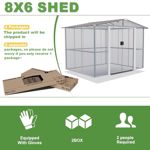 Gotland 8FT x 6FT Sheds & Outdoor Storage, Metal Storage Shed with Sloped Steps Waterproof Sloped Roof, 2 Lockable Slide Doors, Outdoor Shed for Backyard Patio Lawn Brown