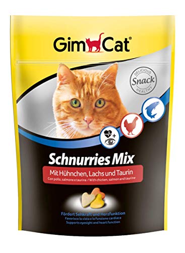 GimCat Schnurries Mix Hühnchen, Lachs und Taurin - Katzentabs mit funktionalen Inhaltsstoffen fördern Herzfunktion und Sehkraft - 1 Beutel (1 x 140 g)