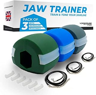 VORSPRUNG® Jaw Exerciser,Trainer for Face Mouth, Chisel & Enhance Jawline - 3 Pack, 3 Levels - Neck Exerciser - Jawline Exerciser Jawzr -Jaw Trainer men, Free 6 Biting Strips & 3 Necklaces -UK Seller