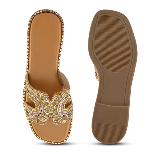 Image of Centrino Women's Beaded Flat Sandals | Stylish Gold Crystal Slip-On with Ornate Cutout Design | Soft Cushioned Footbed |Elegant & Trendy Open Toe Slip-On | Luxury Footwear for Wedding /Party (9301)
