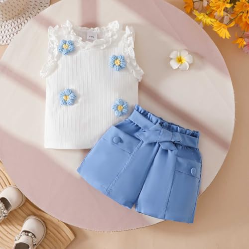 Summer Toddler Girls Ribbed Floral Vest Tops and Shorts Outfits Ruffle Sleeveless Two Piece Set3