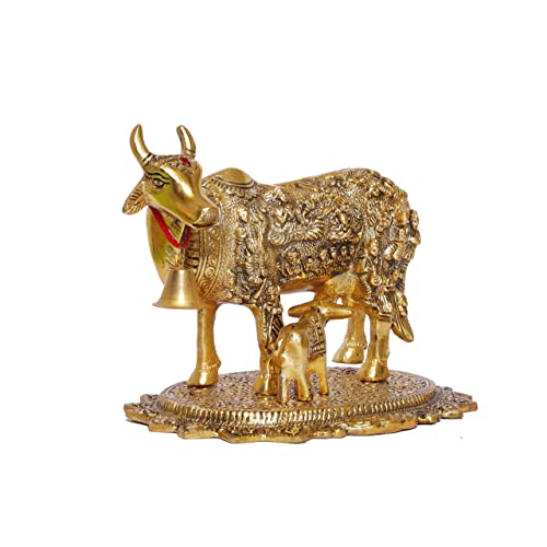 Image of Kamdhenu Cow with Calf Idol for Home Decor | Metal Cow Statue with Intricate Embossed Design | Vastu & Pooja Decorative Showpiece | Temple, Office, Housewarming & Gift Item