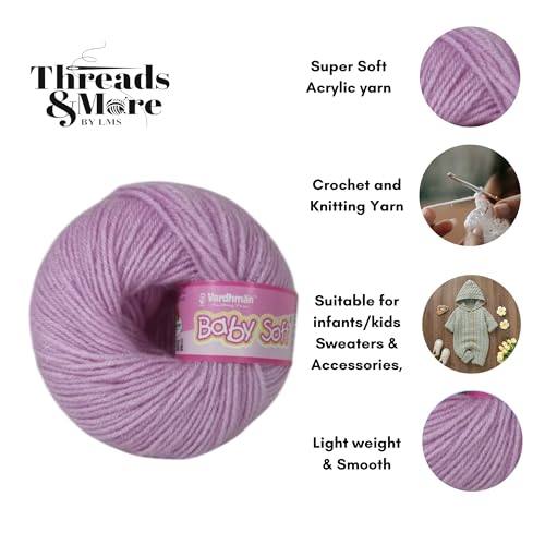 Image of Vardhman Baby Soft Yarn Pack of 6 - 4-Ply Acrylic Wool 150g Total | Soft Yarn for Knitting & Crocheting Baby Blankets, Sweaters, Toys & Accessories | 86m per 25g Ball (1, Light Lavender)