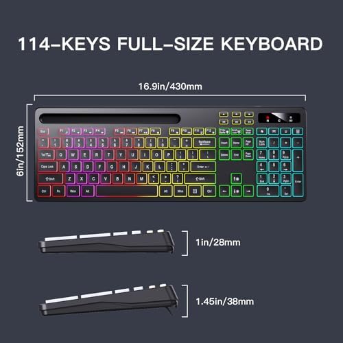 Soueto Wireless Keyboard with 7-Color RGB Backlit, Full-Size Computer Keyboard with Phone Tablet Holder, 2.4G Rechargeable Gaming Keyboard with Light Up Keys, Compatible with Mac, Windows (Black) — view 7