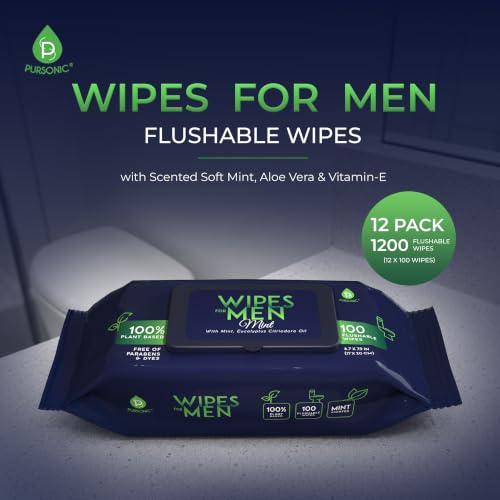 Image of Pursonic Wipes for Men with Scented Soft Mint, Aloe Vera & Vitamin E - Flushable Plant-Based & Alcohol-Free Body & Toilet Wipes for Travel, Gym & Bathroom Use - Extra Large Resealable Pack - 1200 Pcs