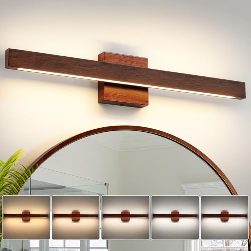 CCYCOL Modern Bathroom Light Fixtures Over Mirror 24 Inch Brown Wood Finish Vanity Light Bar 20W Dimmable 5CCT LED Vanity Lights for Bathroom Wall Lighting Fixtures Over Mirror