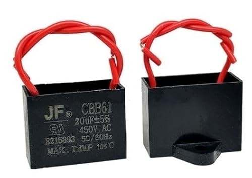 Condensador de Arranque CBB61 20 µF 450V AC con 2 Cables - Hasta 105°C, para Motor Ventilador Techo Bomba Máquina Lavadora (20uf)
