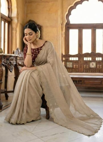 Image of Chinon Silk Saree with Embroidered Blouse, Traditional Georgette Saree, Elephant Embroidery Pattern, V-Neck Design, Free Size, Festival Wear