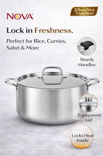 Image of NOVA Premium Triply Stainless Steel Casserole | Insulated Hot Pot with Lid 26CM | Heat Retention Technology | Food Storage & Serving Casserole | Durable Mirror Finish | Kitchen & Dining Essential