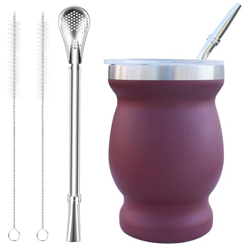 Beruth Bombilla Yerba Mate Gourd, 8oz Stainless Steel Tea Cup Set with a Multifunctional Lid, Two Straws and Cleaning Brushes, Double Walled Coffee Mug Heat Insulation Anti Scalding (Burgundy)