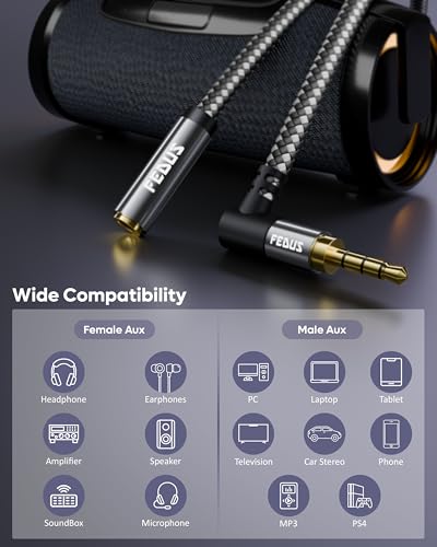 Image of FEDUS Bass-X 3.5mm Male to Female Audio Extension Cable with Mic Support, 1 Meter 90 Degree L-Shape TRRS 4 Pole Conductor Stereo Aux Cord, Extender for Laptop, Phone, Car, Gaming, Speakers, Headphone