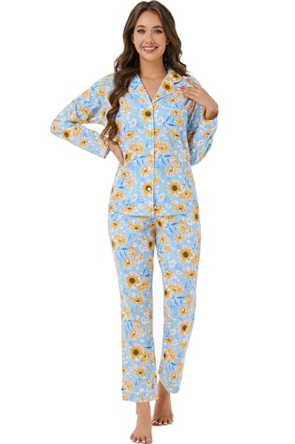 Image of LUBOT 100% Cotton Pajamas for Women Pajama Set Soft 2 Piece Sleepwear PJ Set Long Sleeve Knit Button Cozy Loungewear XS-XXL