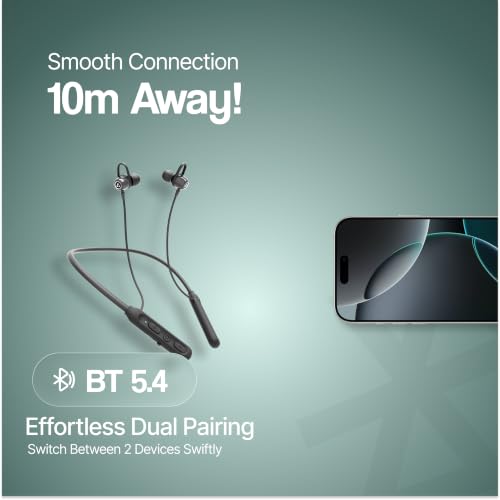Image of Ambrane Wireless Bluetooth Earphones with Mic, 50Hrs Playback, Hall Switch, 10mm Drivers, Fast Charging, Dual Pairing, Boostedbass Audio Neckband, BT V5.4, Fast Pairing, Gaming Mode (Hitz 30, Grey)