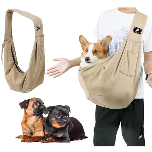 Lifetips プチブラバンソン ペットスリング 犬猫兼用 ショルダーキャリー 軽量 通気 洗える 調節可能 クッション付き 収納ポケット 斜め掛け アウトドア 11色展開 小型犬 中型犬 ペット用キャリーバッグ (ベージュ)