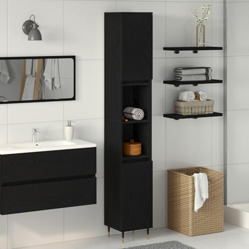Gecheer Bathroom Cabinet Black Oak 30x30x190 cm Engineered Wood Drainage and bathroom accessories Model862881