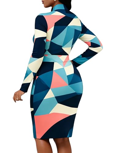 Image of MsavigVice Bodycon Dress Women Mandarin Collar Long Sleeve Knee Length | Vibrant abstract prints with bold varied hues, soft stretch fabric contours curves for sleek versatile everyday styling