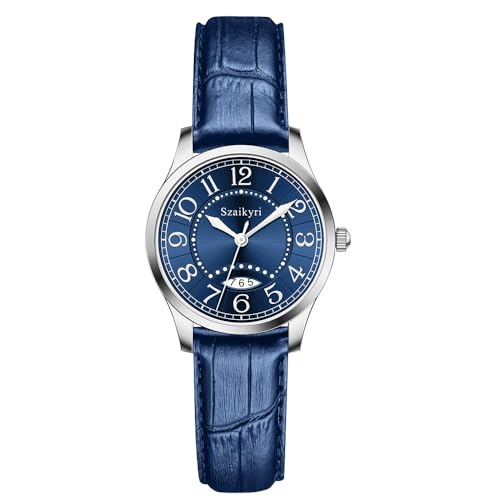 Szaikyri Montre Classique pour Femmes avec Temps Facile à Lire Chiffres Arabes Montres Dames avec Calendrier Résistant à l'eau (Blue)