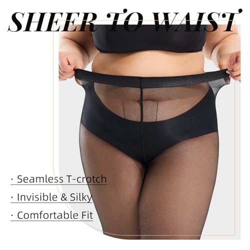 2 Pairs Plus Size Tights for Women, 40D Semi Sheer T-Crotch Pantyhose High Waist Stockings with Reinforced Toe3